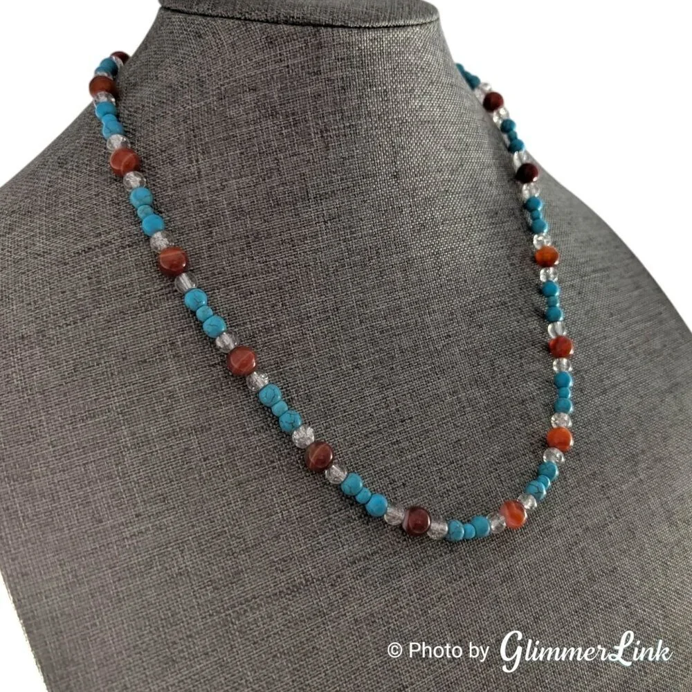 Teal Blue & Burnt Orange Gemstone Glass Beaded Silver Tone Necklace